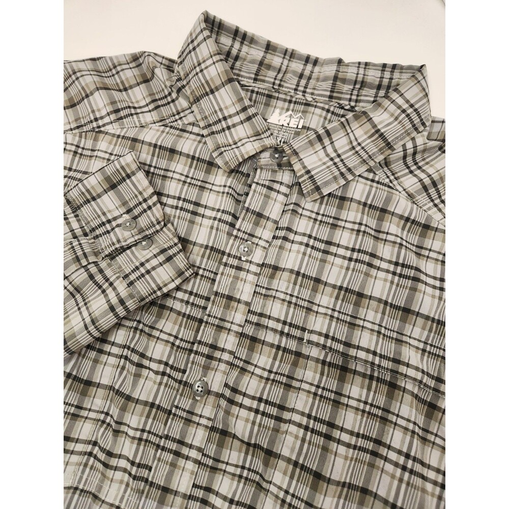 REI Shirt Men's 2XL Gray L/S Button Up Plaid Vented Fishing Outdoors Performance